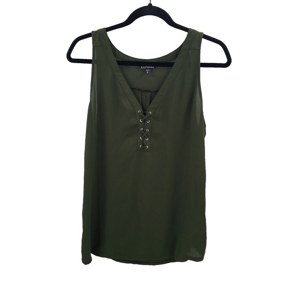 Express Green Lace Up Sleeveless Top Women Medium V Neck Chiffon Front Knit Back - Picture 1 of 10